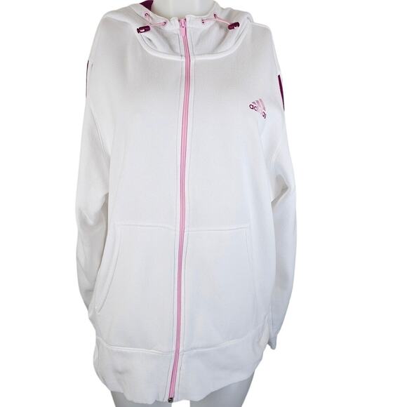 Adidas White Pink Strips Hooded Track Winter Warm Jacket Women's XL - Picture 1 of 6